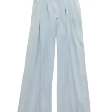 Light Blue Wide-Leg Pants with Gathered Waist and Front Pleats