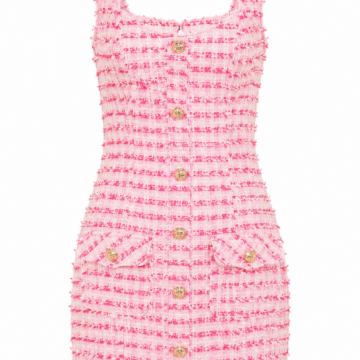 Pink and White Tweed Sleeveless Mini Dress with Square Neckline