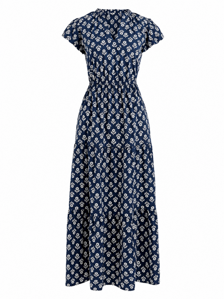 Navy Blue Floral Print Maxi Dress with Flutter Sleeves