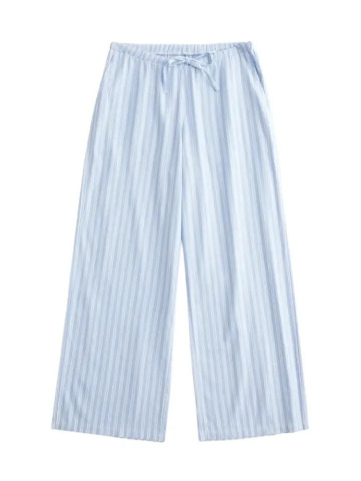 Light Blue White Striped Wide Leg Drawstring Pants