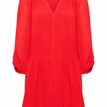 Red Relaxed A-Line Mini Dress with V-Neck and Ribbed Texture