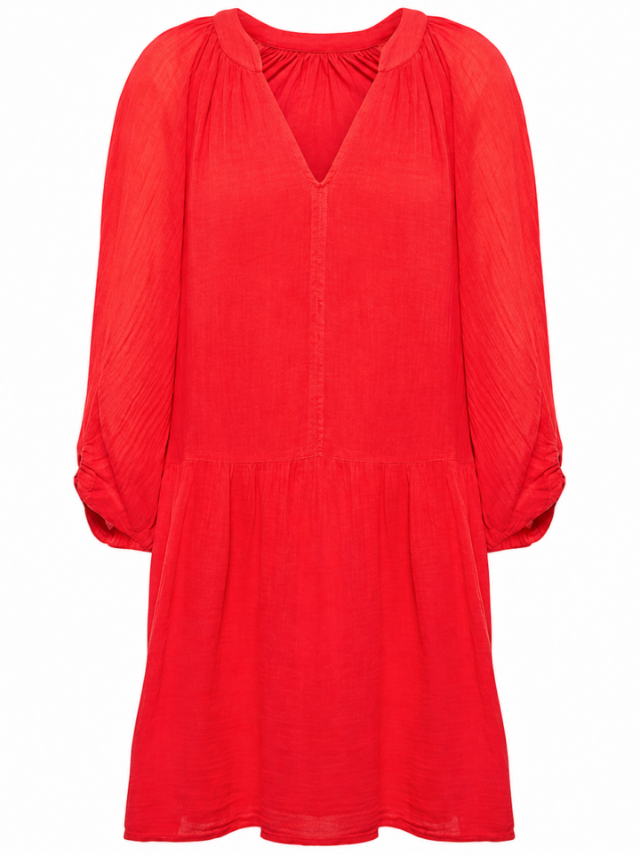 Red Relaxed A-Line Mini Dress with V-Neck and Ribbed Texture