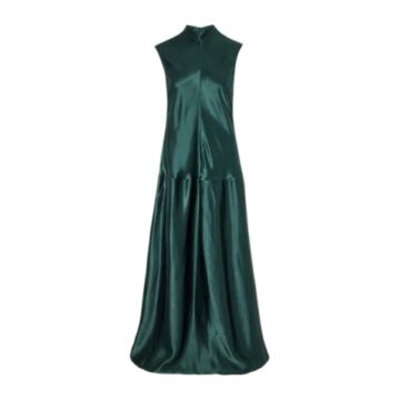 Dark Forest Green Sleeveless Mock Neck A-Line Satin Dress