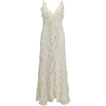 Ivory Maxi Dress with 3D Rose Appliques and Ruffle Details