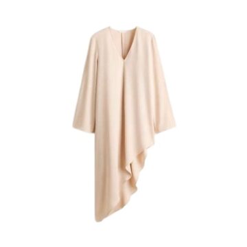 Pale Blush Asymmetrical Hem Dress with Wide Sleeves and Deep V-Neck