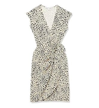 Cream Black Speckle Print Sleeveless Wrap Midi Dress with Self-Tie Waist
