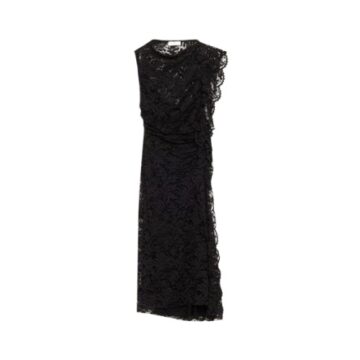 Black Floral Lace Midi Dress with High Round Neck and Side Slit