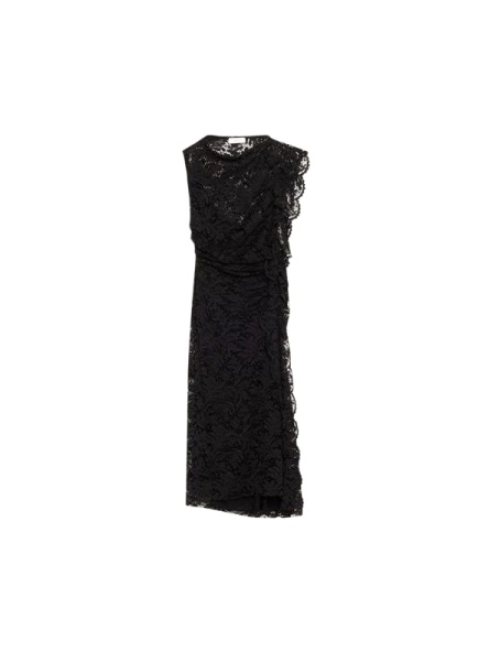 Black Floral Lace Midi Dress with High Round Neck and Side Slit