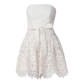 White Lace Strapless Mini Dress with Satin Bow and Scalloped Hem