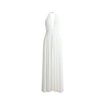 White Halter Neck Maxi Dress with Open Back and Flowing Pleated Skirt
