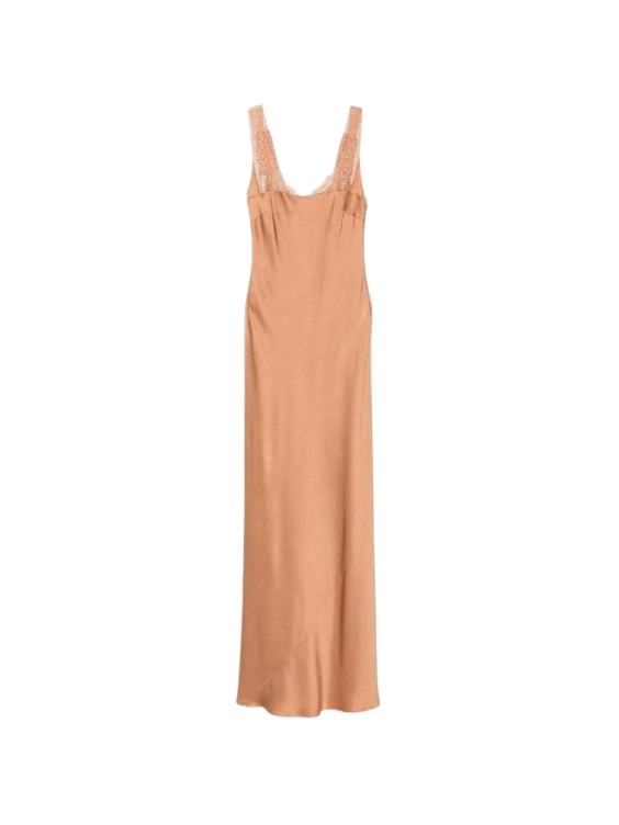 Warm Tan Peach Sleeveless Maxi Slip Dress with Sheer Lace Trim