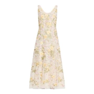 Cream Floral Print Midi Dress with Sheer Overlay and A-Line Skirt