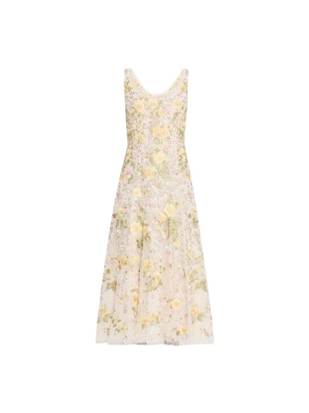 Cream Floral Print Midi Dress with Sheer Overlay and A-Line Skirt