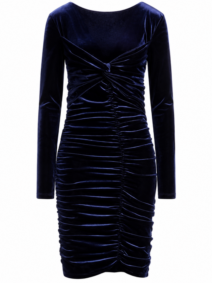 Navy Velvet Bodycon Dress with Knot Detail and Ruching