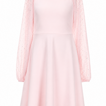 Light Pink Square Neck A-Line Dress with Sheer Bishop Sleeves and Rhinestone Embellishments