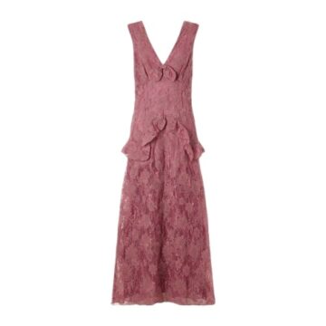 Dusty Rose Floral Lace Midi Dress with V-Neck and Ruffle Details