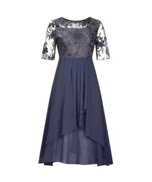 Navy Blue Lace Applique Midi Dress with Illusion Neckline and High-Low Hem