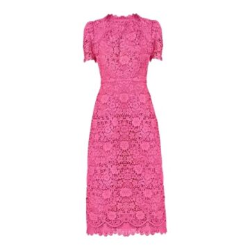 Bright Pink Floral Lace Sheath Dress with Scalloped Hem