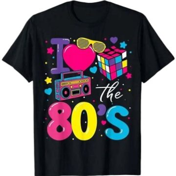 Black Retro 80s Graphic Tee with Heart, Sunglasses & Boombox Print
