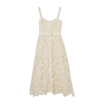 Cream Scalloped Lace Midi Dress with Self-Tie Belt