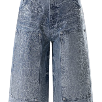 Light-Wash Rhinestone Wide-Leg Cropped Denim Pants