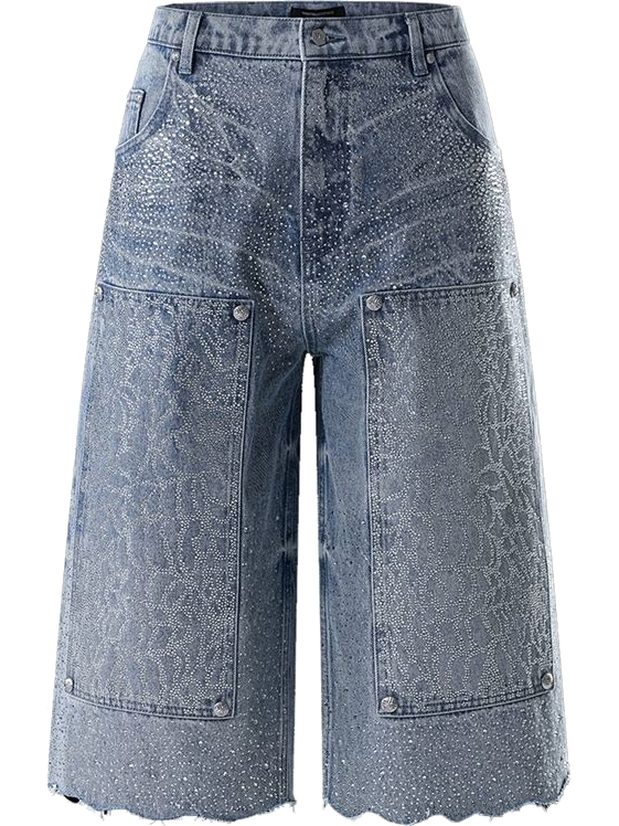 Light-Wash Rhinestone Wide-Leg Cropped Denim Pants