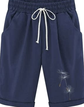 Navy Blue Pull-On Shorts with Dandelion Embroidery and Rolled Cuffs
